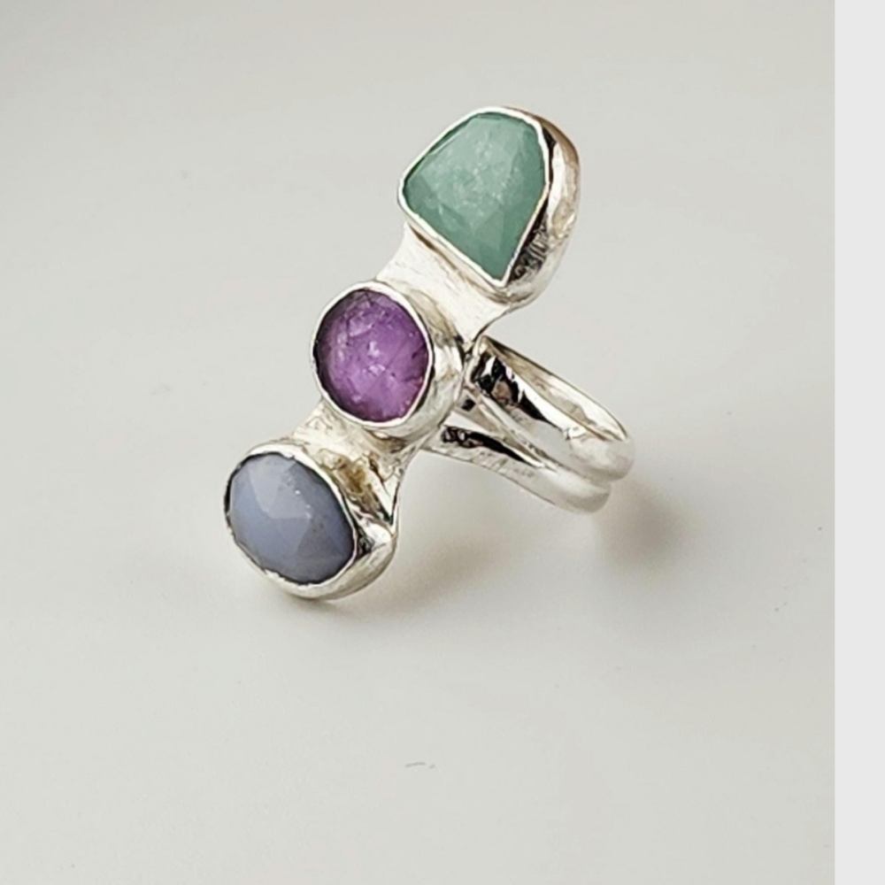 AMETHYST, AMAZONOT & LACE AGATE DOUBLE BAND HSNDMADE RING Size 6.5